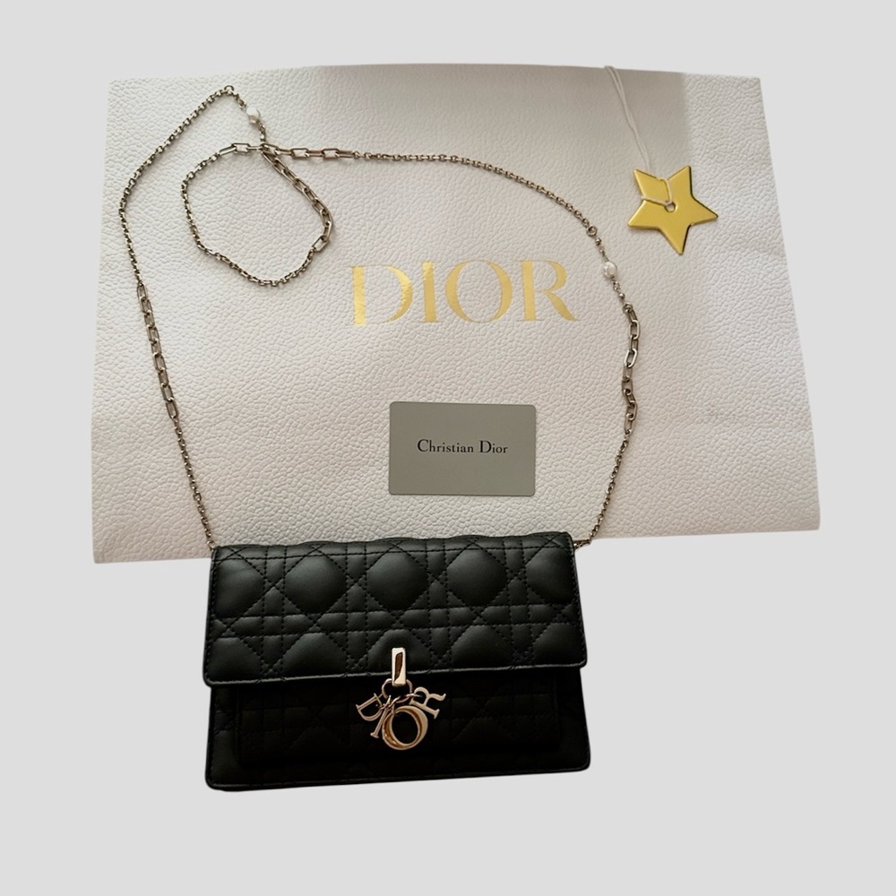 Dior My Dior Chain Pouch Lambskin Cannage Black Quilted Shoulder Bag WOC New